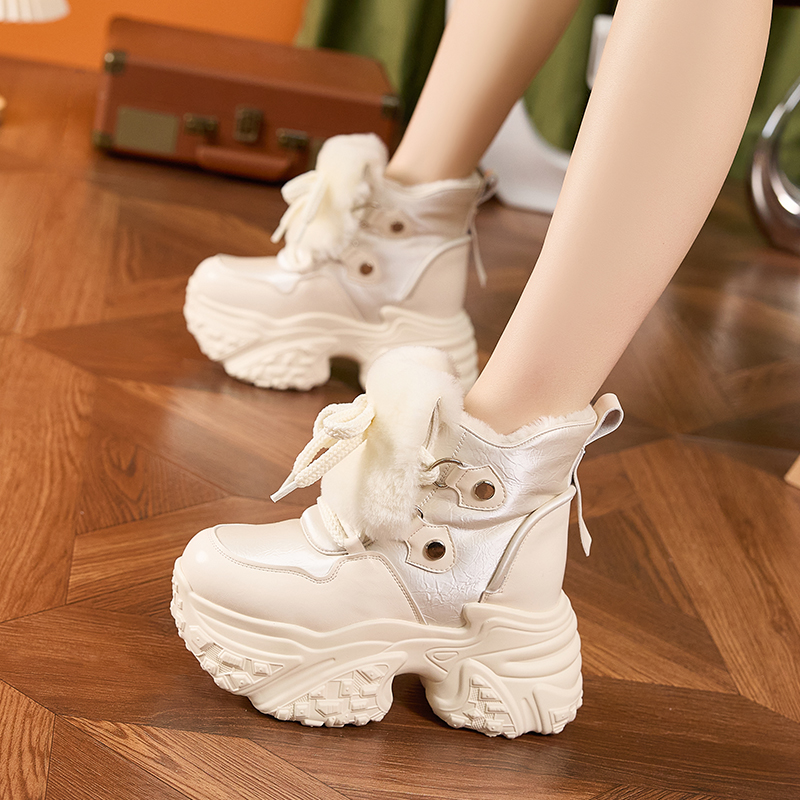 内增高雪地靴女2025新款冬季兔毛厚底加绒保暖棉鞋真皮马丁靴10CM