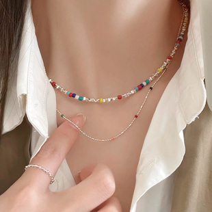 925纯银彩色串珠彩虹多巴胺碎银子叠戴项链女高级感轻奢小众45cm