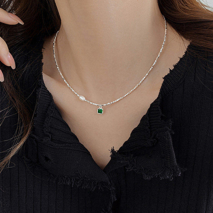 925银祖母绿锆石碎银子珍珠吊坠项链女高级感轻奢小众锁骨链45cm