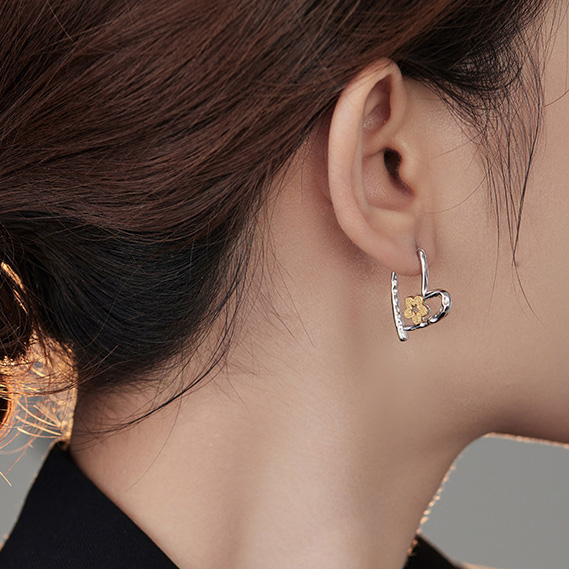 s925纯银金银拼色四叶草爱心耳扣