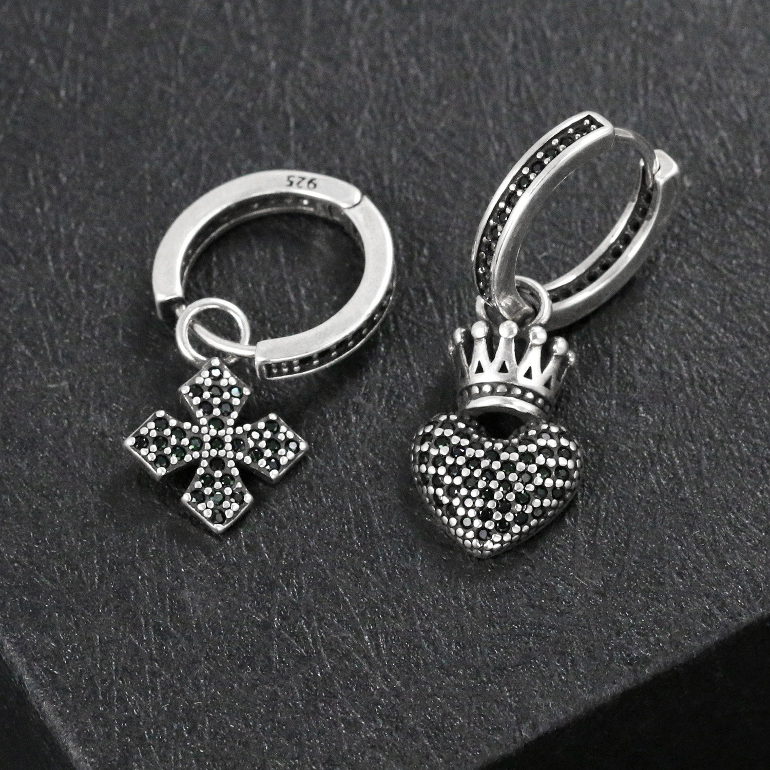 925纯银十字架爱心耳扣女不对称耳环耳饰2026新款爆款高级感耳钉