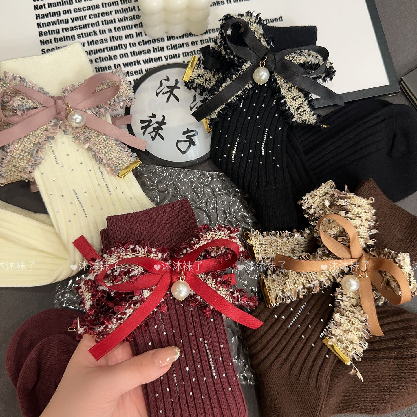 欧货高级感小香风蝴蝶结袜子女2025新款爆款秋冬水钻流星饰品袜子,女士内衣/男士内衣/家居服,中筒袜,淘宝优惠券,粉丝福利购,淘宝优惠卷