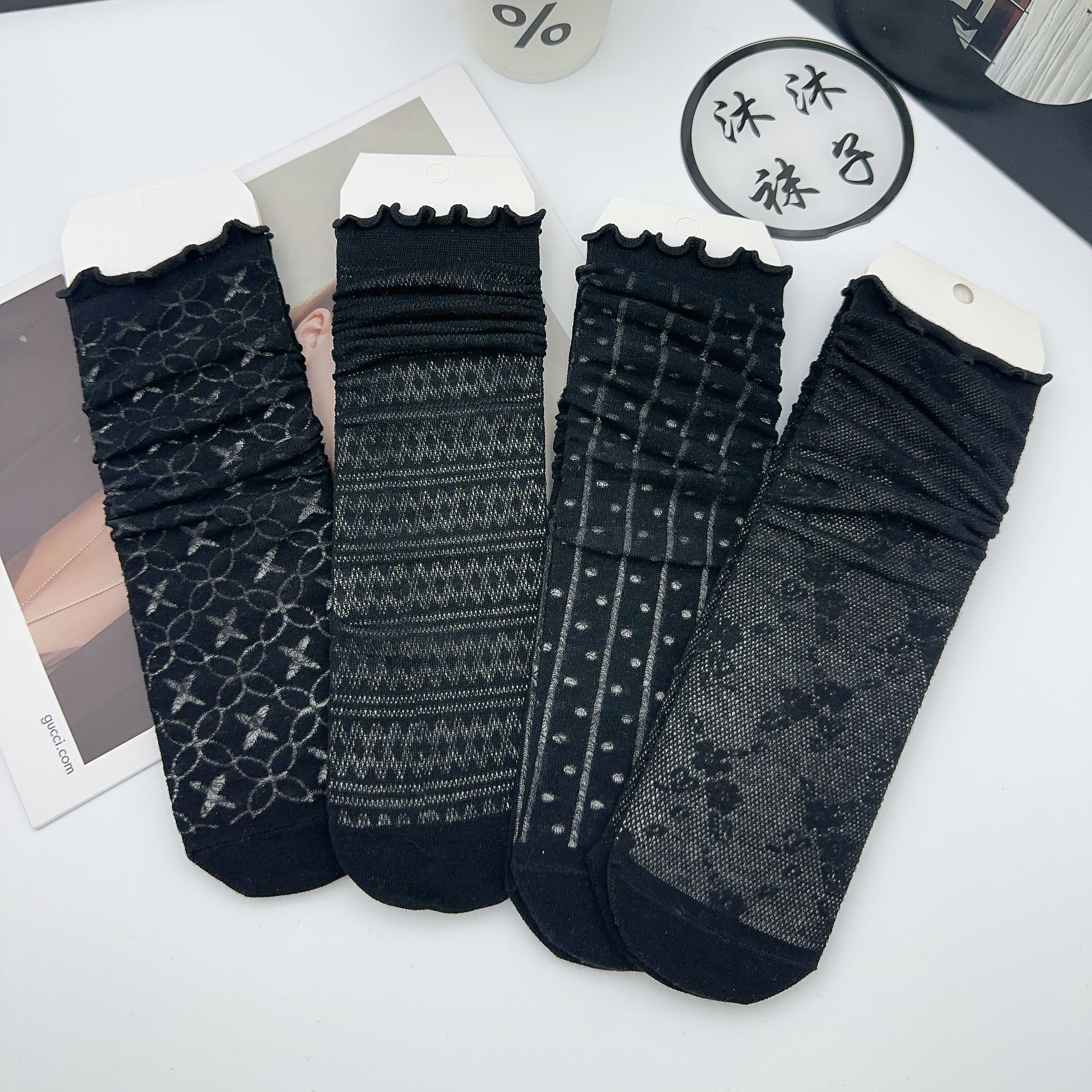 欧货春夏新款木耳边袜子女中筒袜ins潮袜薄款堆堆袜学院风蕾丝袜