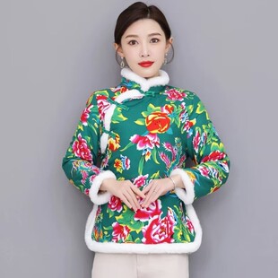 新款加绒小棉袄女棉衣冬装名族风盘扣唐装保暖女加厚妈妈装外套