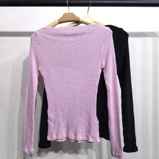 现货TALK TALK韩国女士2026年春秋季一字领露肩螺纹长袖打底衫T恤