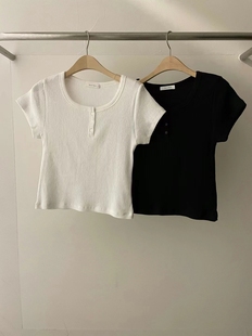 短款 现货TALK 短袖 T恤 TALK韩国女2024年夏季 U型领坑条打底衫