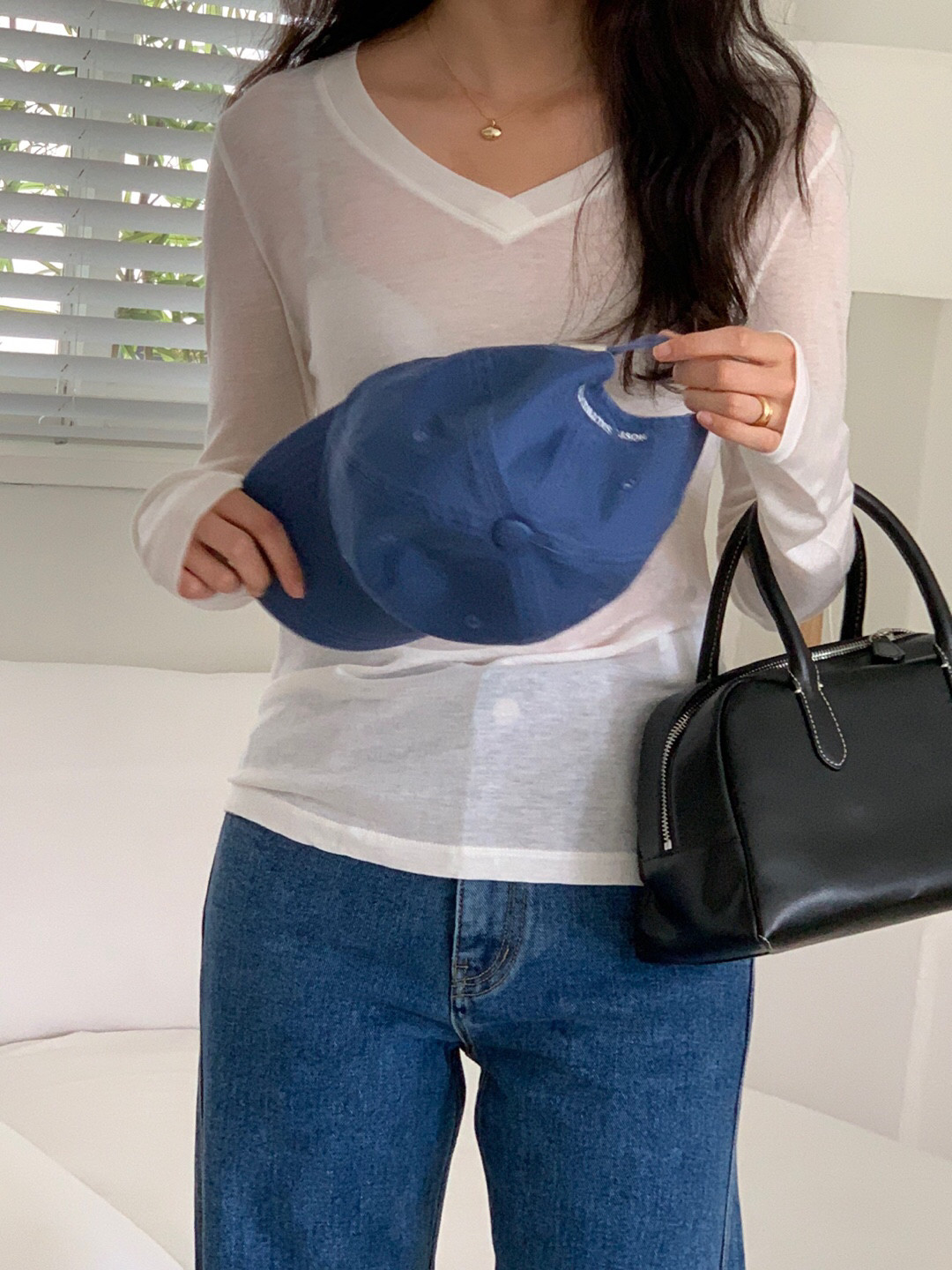 现货talk talk韩国东大门女装2022年秋季v领背缝线直筒打底衫t恤