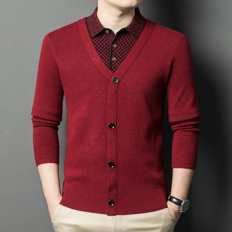 红色加厚假两件毛衣男2025秋冬新款保暖衬衫领针织衫大码宽松上衣