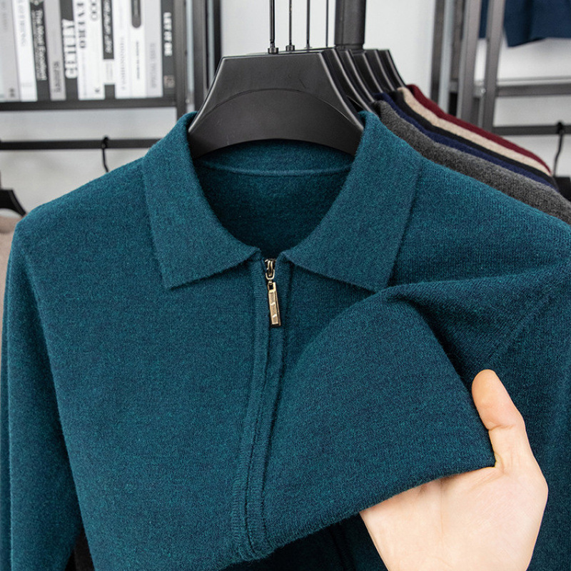 亲肤绒拉链翻领开衫中老年男式2025秋冬针织纯毛衣爸爸装加厚外套