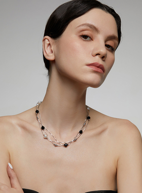 【礼盒装】伊泰莲娜925银项链淡水珍珠多层锁骨链款玛瑙黑色吊坠