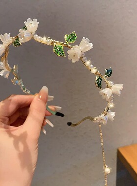 复古气质铃兰花珍珠流苏挂耳发箍女森系超仙感头箍压发卡发饰
