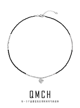 S925纯银碎银几两黑色尖晶石爱心项链女锁骨链小众设计个性甜酷潮