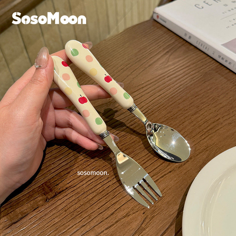 SOSOMOON陶瓷柄不锈钢勺儿童吃饭小勺子叉子3岁以上高颜值甜品叉图片
