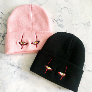 针织帽百搭刺绣秋冬季 骷髅出街凹造型帽子 毛线帽个性