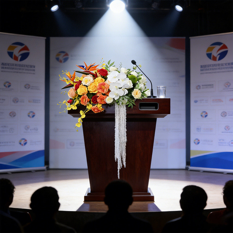 高端演讲台花艺定制会议发布会讲座桌花仿真玫瑰花宴会主席台挂花