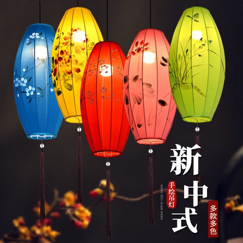 中式布艺手绘广告橄榄灯笼酒店发光餐厅创意红色吊灯景区户外防水