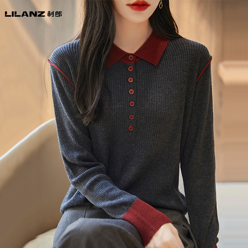 2026秋季新款翻领拼色针织女士毛