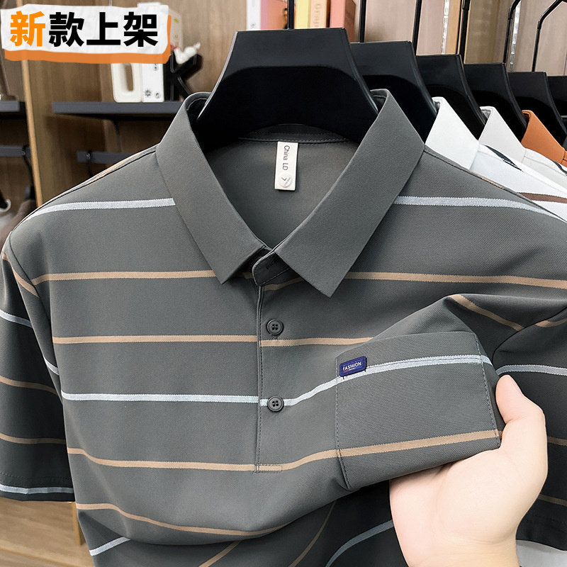 利郎中老年父亲装翻领男士短袖T