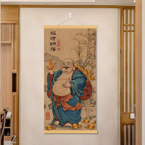 现代装饰画钱袋子弥勒佛挂画笑面佛聚财纳福客厅玄关茶室禅意装饰