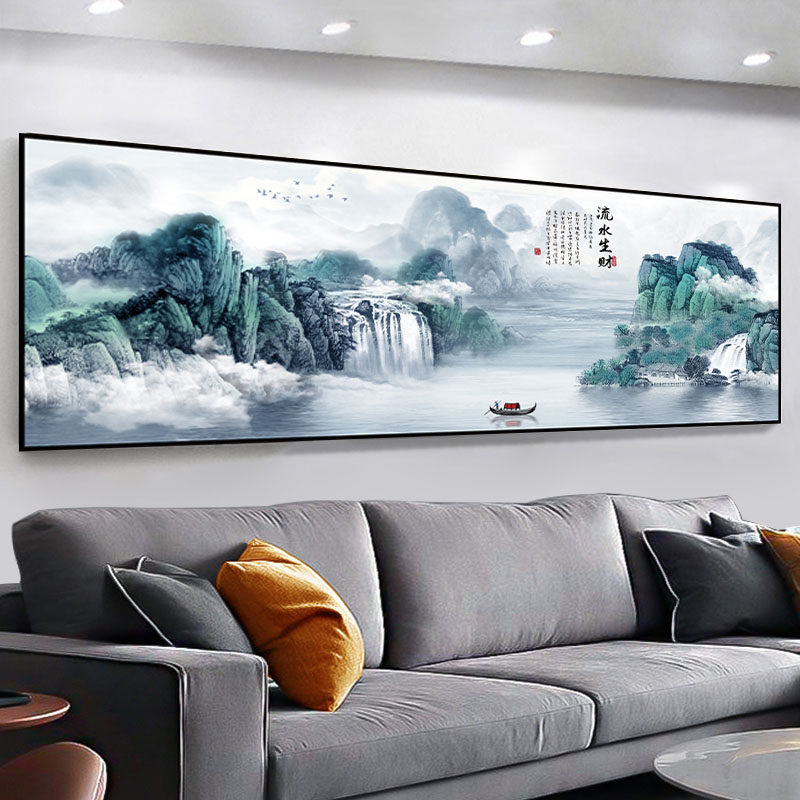 客厅流水生财山水画背景墙贴装饰图片