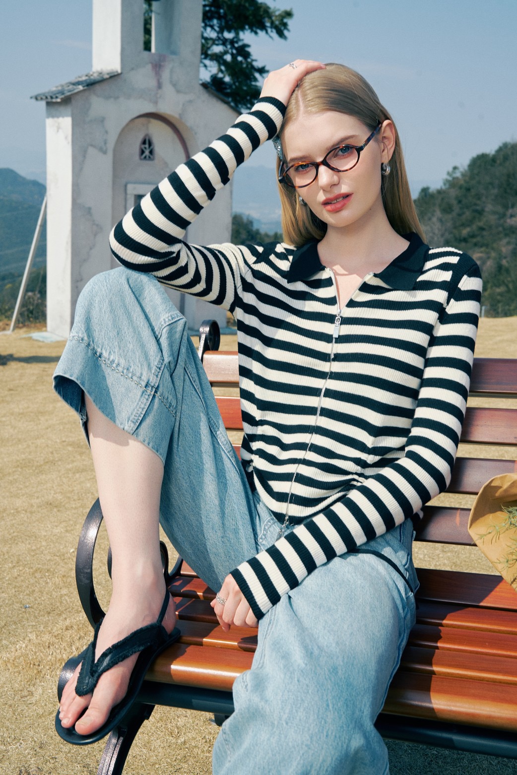 鞠婧祎同款Aimme sparrow 25春夏条纹针织时尚通勤百搭修身抽绳