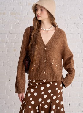 Aimme sparrow 25秋冬琥珀流光手工钻100%羊绒开衫波点裙时尚通勤