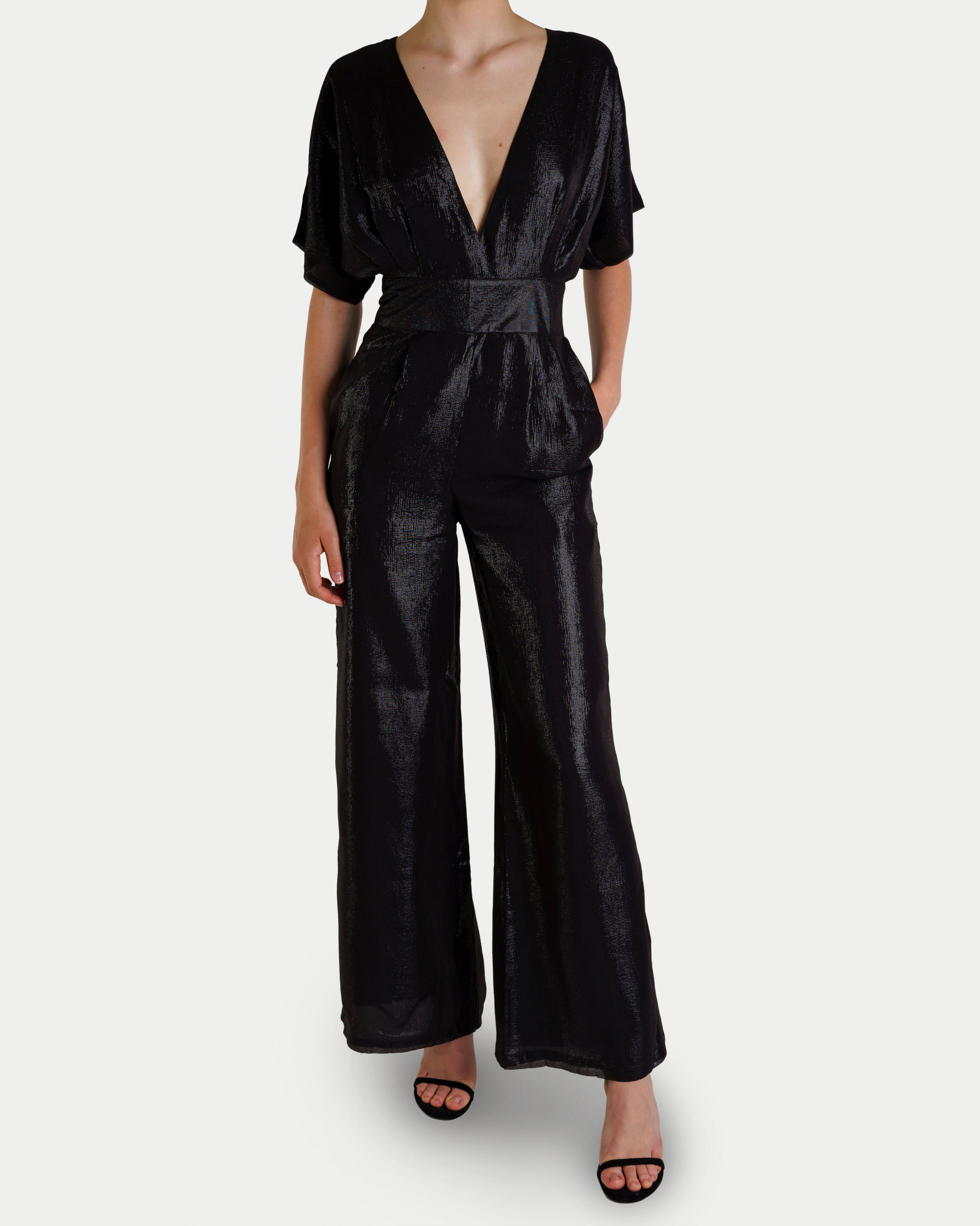 charlottagandolfo真丝连体裤桑蚕丝v领短袖长裤时尚通勤优雅显瘦