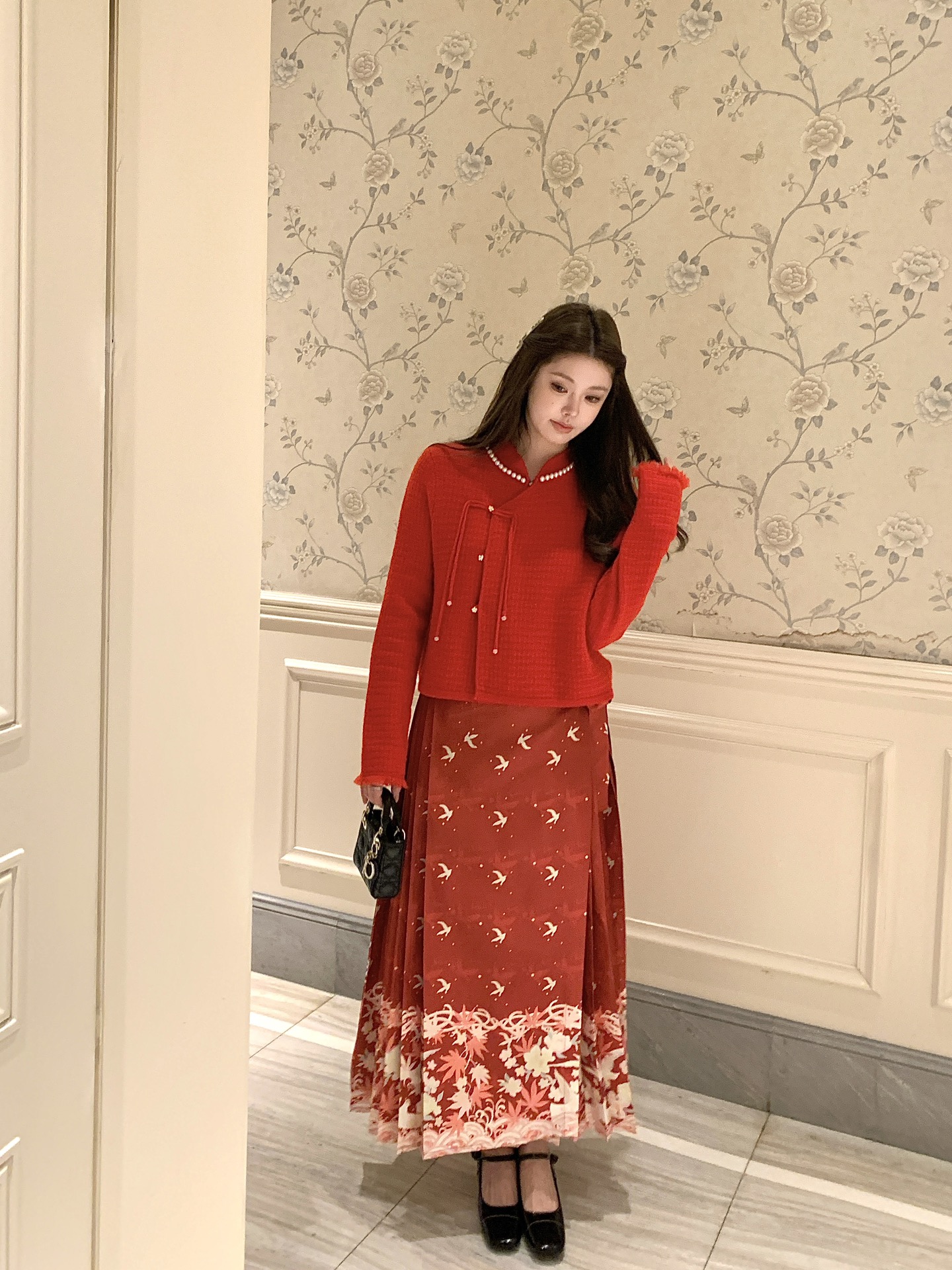 Aimme sparrow新年新中式100%羊绒红色珍珠毛衣马面裙时尚节日