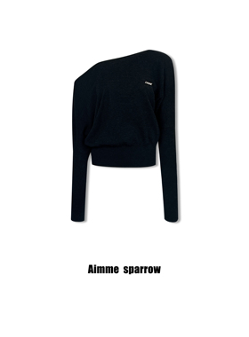 Aimme sparrow 25秋冬织物之美肌理精织黑色套装针织斜肩毛衣长裤