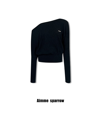 Aimme sparrow 25秋冬织物之美肌理精织黑色套装针织斜肩毛衣长裤