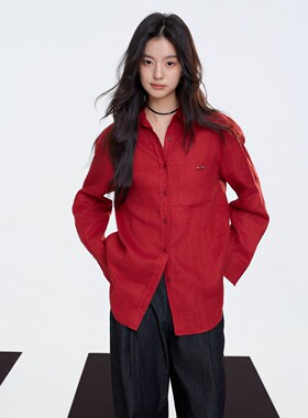Aimme sparrow25秋冬热烈玫瑰早秋新款100%亚麻红色衬衫时尚潮流