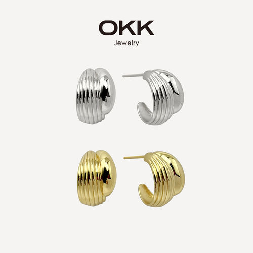 OKK欧美风竖纹C圈925针耳钉