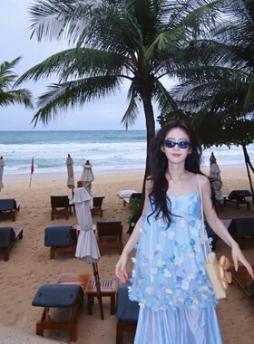 戚砚笛同款Aimme sparrow25夏蓝色连衣裙时尚仙女裙立体花朵度假