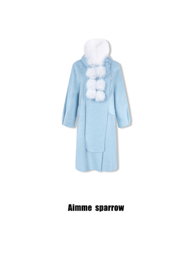 Aimme sparrow26春夏新款温柔蓝围脖大衣时尚百搭毛呢大衣长外套