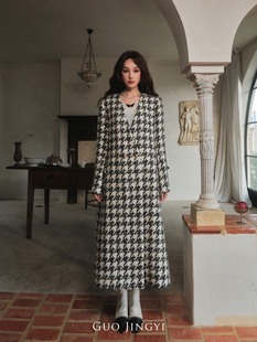 JINGYI灰色大千鸟格羊毛无领长大衣时尚 GUO 优雅女 MFC特卖6折