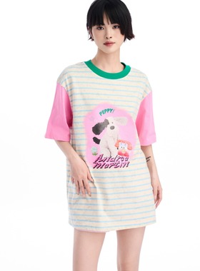 Andrea Martin 25秋冬新款红色蜡染条纹小狗短袖