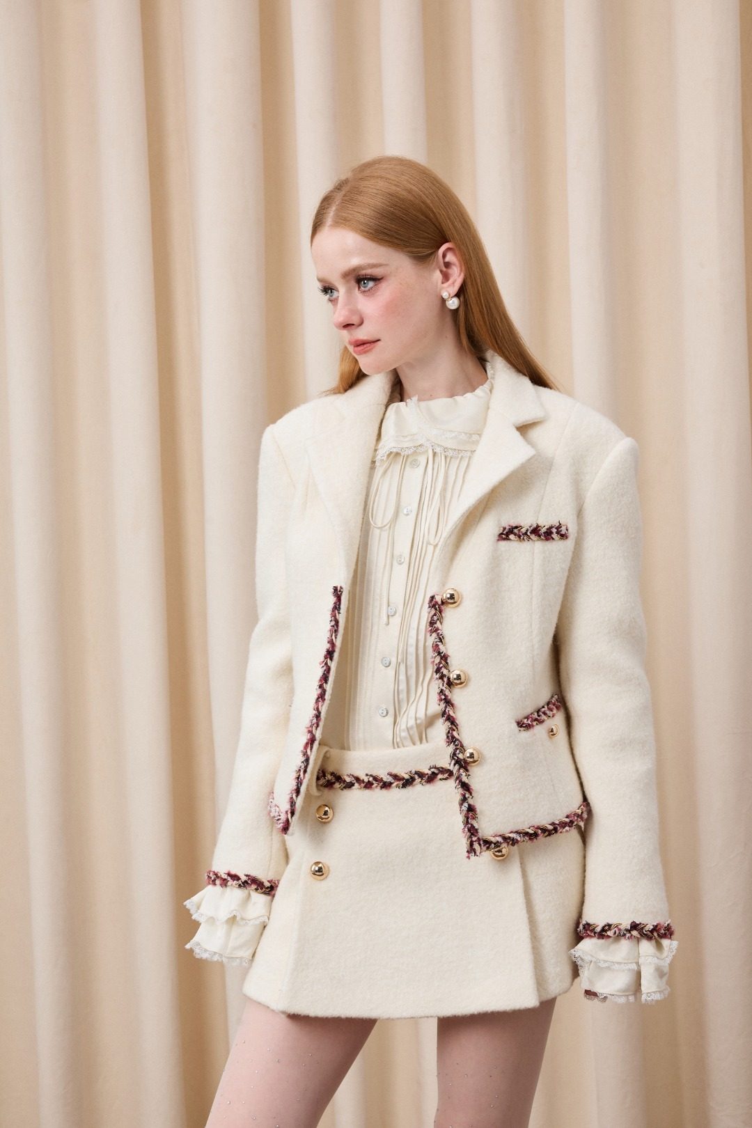 EIMISMOSOL 26春夏织带撞色毛呢外套半裙时尚套装小香风