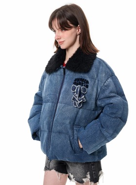 Andrea Martin25秋冬新蓝色水洗手工小象羽绒服时尚百搭潮流棉服