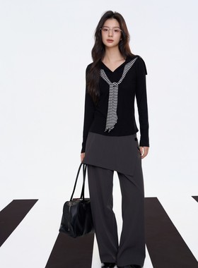 Aimme sparrow 25秋冬航海日记系列海军领条纹系带藏青黑色时尚