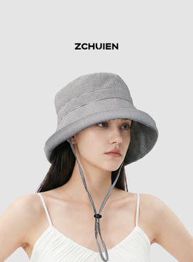 ZCHUIEN羊毛混纺千鸟格渔夫帽女防晒遮阳帽时尚百搭帽子金属LOGO