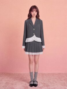 MAMYO YOO26秋冬不规则下摆蕾丝拼接西装外套灰色花边百褶短裙