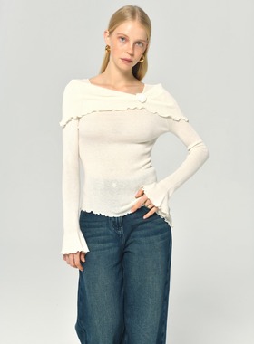 XANDRA 24秋冬喇叭袖绵羊毛一字肩上衣针织衫毛衣腰带牛仔阔腿裤