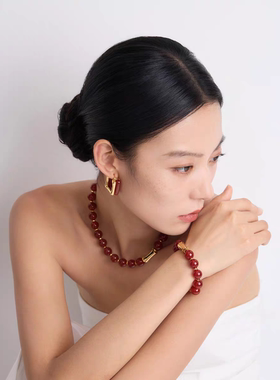 盐岛紫竹红玛瑙配饰大珠choker红色串珠项链手链耳环戒指轻奢百搭