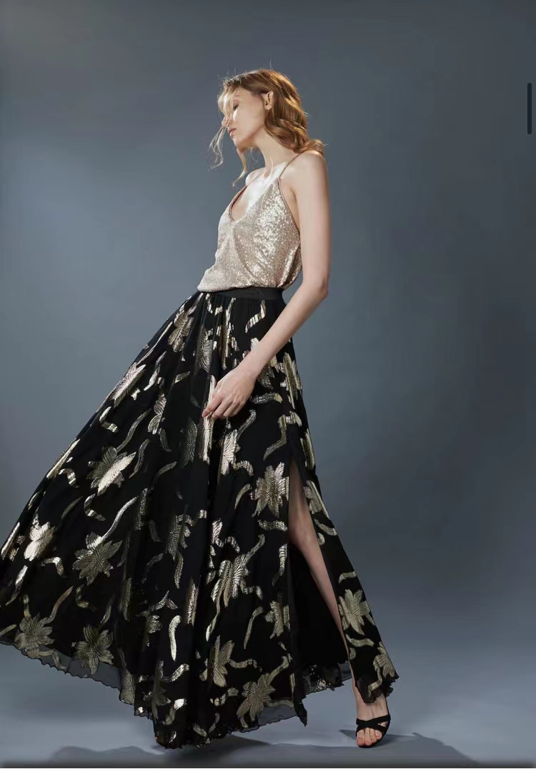 刺绣真丝a字裙长裙时尚