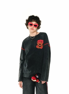 Andrea Martin25春夏新品蓝色水洗熊猫卫衣时尚通勤百搭休闲上衣