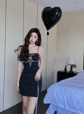 Aimme sparrow蕾丝镂空吊带裙黑色镶钻时尚性感连衣裙镂空短裙女