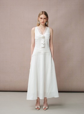 DIANA VEVINA25春夏白色V领开叉长款连衣裙时尚优雅女裙修身显瘦