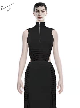 SIQIZ SS23设计师款休闲裤黑色弹力无袖上衣高领拉链女背心