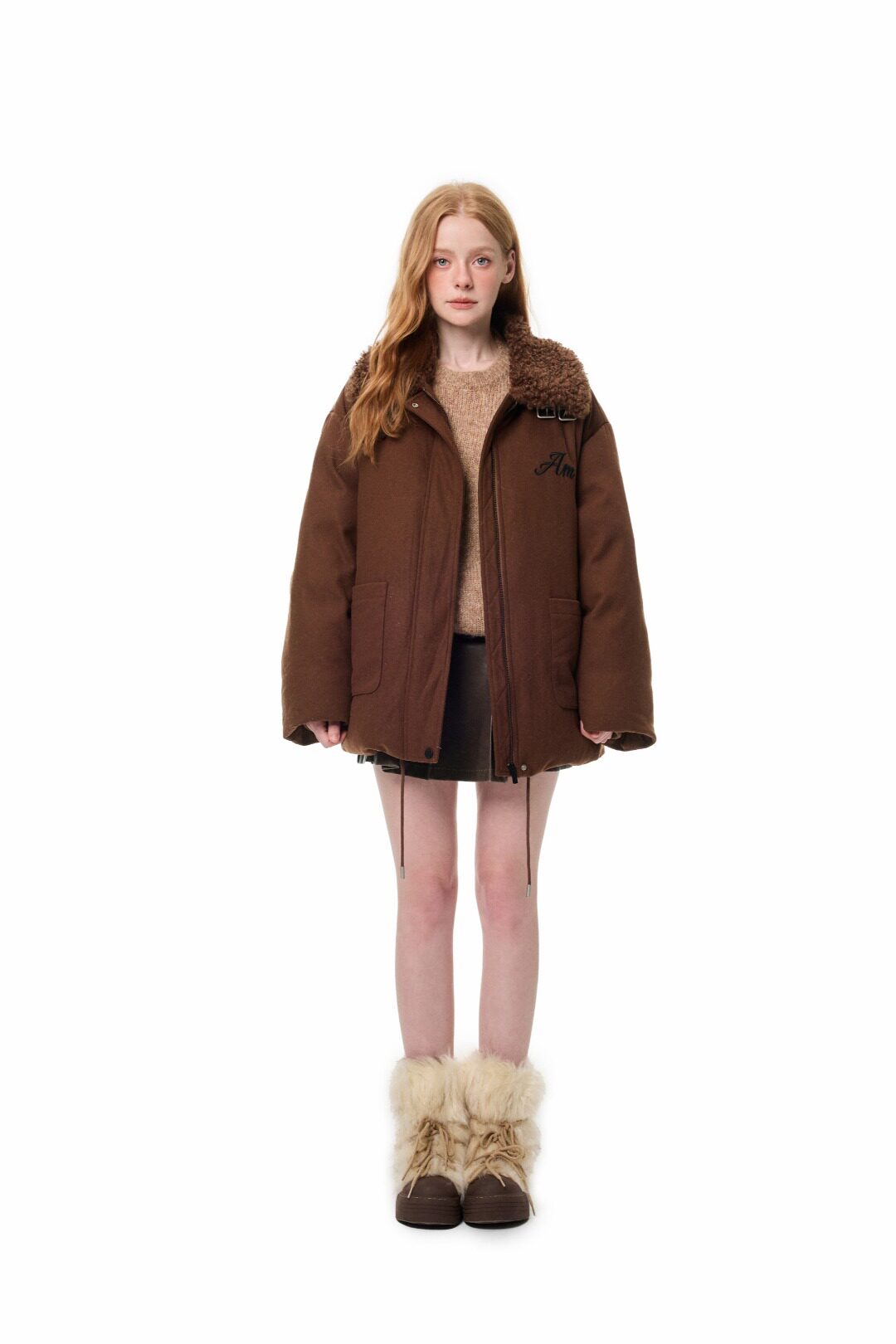 Andrea Martin 25秋冬新品咖色毛领宽松羽绒服时尚潮流百搭女棉服