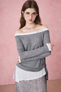 显瘦 DIANA VEVINA 25秋冬撞白一字肩上衣时尚 潮流百搭女上衣修身